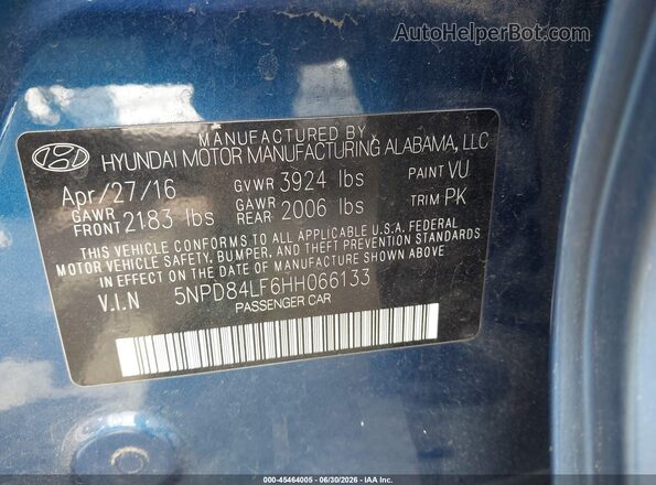 5NPD84LF6HH066133 2017 HYUNDAI ELANTRA Blue Vista del compartimento del motor