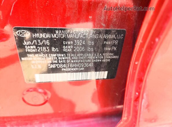 5NPD84LF6HH093641 2017 HYUNDAI ELANTRA Red Вид наклейки з VIN-кодом