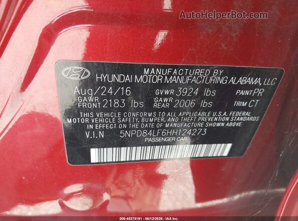5NPD84LF6HH124273 2017 HYUNDAI ELANTRA Red 
