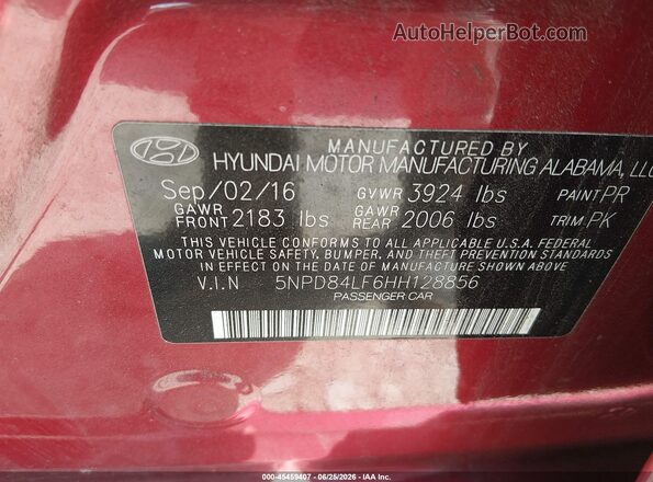 5NPD84LF6HH128856 2017 HYUNDAI ELANTRA Red ძრავის განყოფილების ხედი