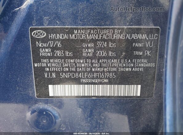 5NPD84LF6HH161985 2017 HYUNDAI ELANTRA Blue Շարժիչի բաժամունքի տեսք