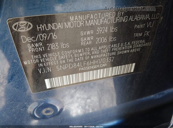 5NPD84LF6HH170332 2017 HYUNDAI ELANTRA Синий Вид подкапотного пространства
