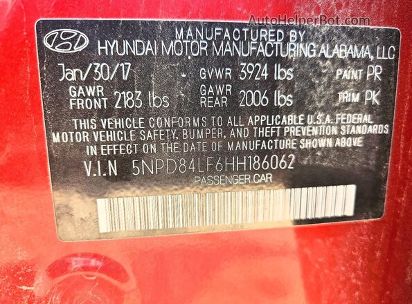 5NPD84LF6HH186062 2017 HYUNDAI ELANTRA Red ძრავის განყოფილების ხედი