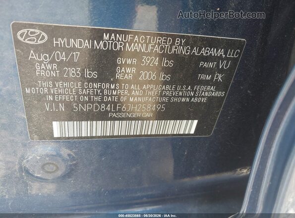5NPD84LF6JH258495 2018 HYUNDAI ELANTRA Blue Շարժիչի բաժամունքի տեսք