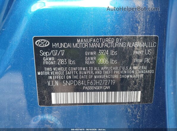 5NPD84LF6JH272719 2018 HYUNDAI ELANTRA Blue ძრავის განყოფილების ხედი