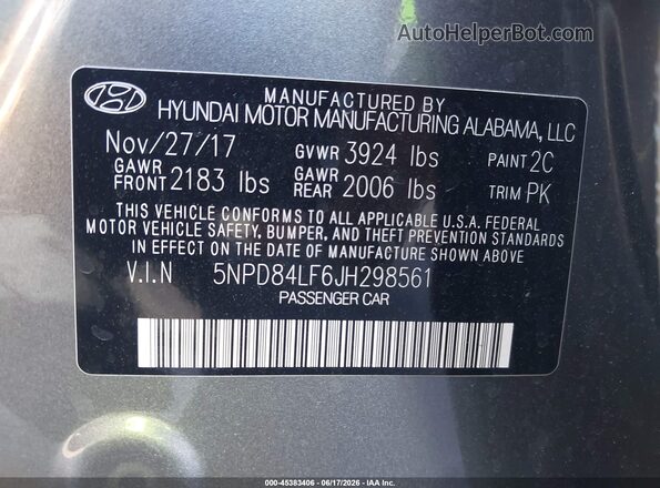 5NPD84LF6JH298561 2018 HYUNDAI ELANTRA Серый Вид подкапотного пространства