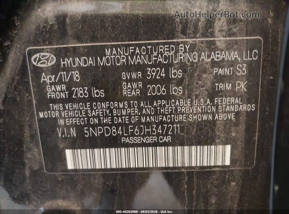 5NPD84LF6JH347211 2018 HYUNDAI ELANTRA Black 