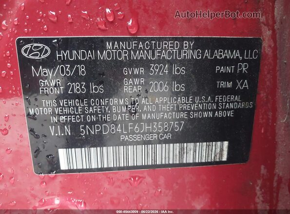 5NPD84LF6JH358757 2018 HYUNDAI ELANTRA Красный Вид подкапотного пространства