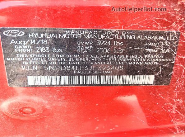 5NPD84LF6JH396408 2018 HYUNDAI ELANTRA Red Widok naklejki z numerem VIN