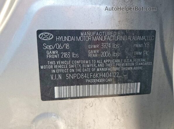 5NPD84LF6KH404122 2019 HYUNDAI ELANTRA Silver Widok naklejki z numerem VIN