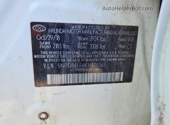 5NPD84LF6KH426363 2019 HYUNDAI ELANTRA White Vista de la etiqueta del VIN