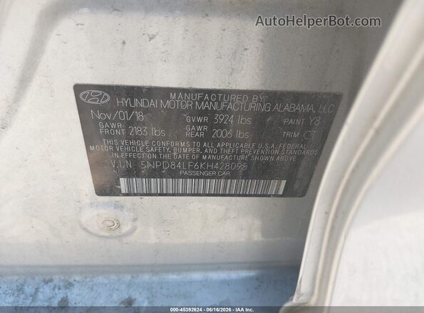 5NPD84LF6KH428095 2019 HYUNDAI ELANTRA Silver ძრავის განყოფილების ხედი