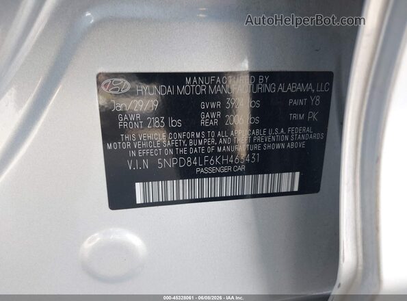 5NPD84LF6KH463431 2019 HYUNDAI ELANTRA Silver ძრავის განყოფილების ხედი