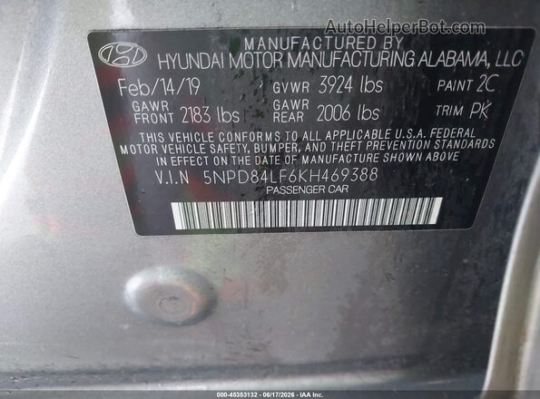 5NPD84LF6KH469388 2019 HYUNDAI ELANTRA Silver Vista del compartimento del motor