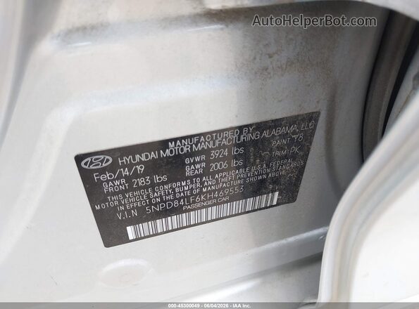 5NPD84LF6KH469553 2019 HYUNDAI ELANTRA Серебряный Вид подкапотного пространства