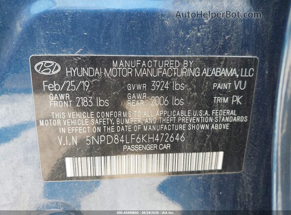 5NPD84LF6KH472646 2019 HYUNDAI ELANTRA Blue Widok komory silnika
