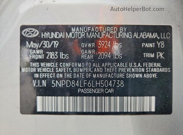 5NPD84LF6LH504738 2020 HYUNDAI ELANTRA Silver Widok naklejki z numerem VIN