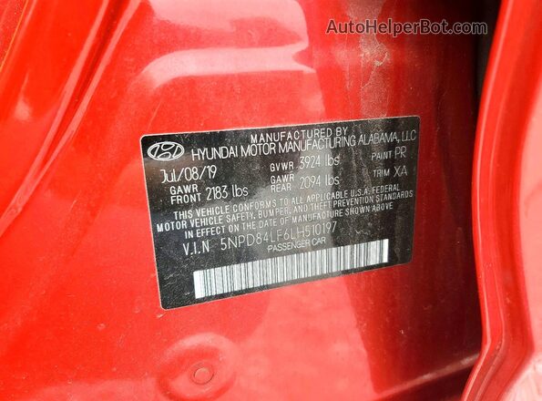 5NPD84LF6LH510197 2020 HYUNDAI ELANTRA Red VIN sticker view