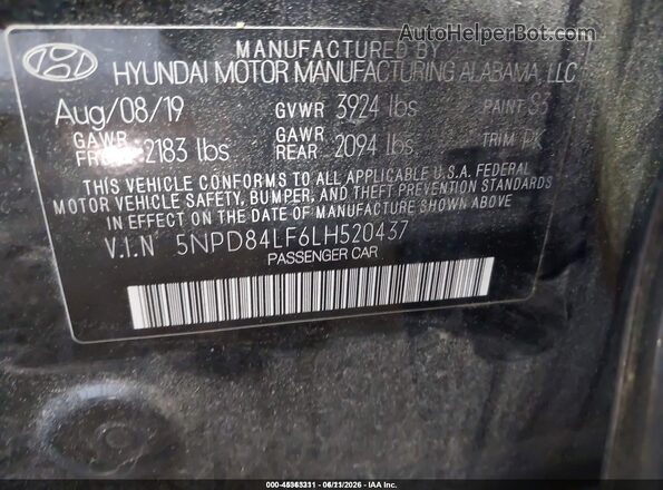 5NPD84LF6LH520437 2020 HYUNDAI ELANTRA Black Widok komory silnika
