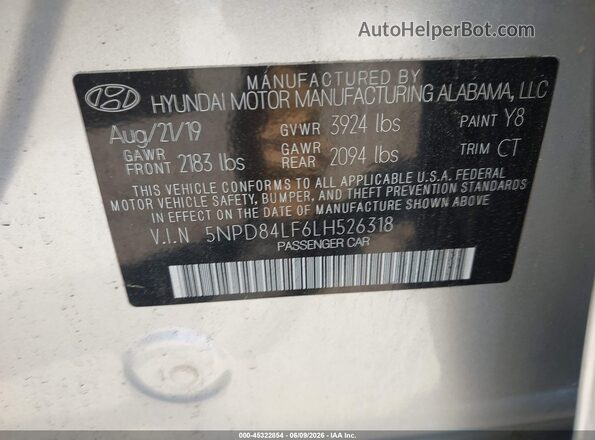 5NPD84LF6LH526318 2020 HYUNDAI ELANTRA Silver 