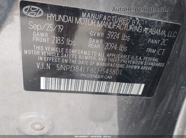 5NPD84LF6LH543801 2020 HYUNDAI ELANTRA Gray Engine compartment view
