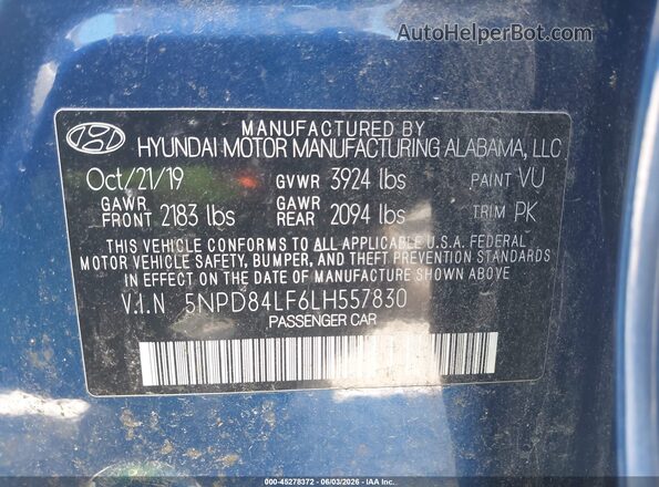 5NPD84LF6LH557830 2020 HYUNDAI ELANTRA Blue Շարժիչի բաժամունքի տեսք