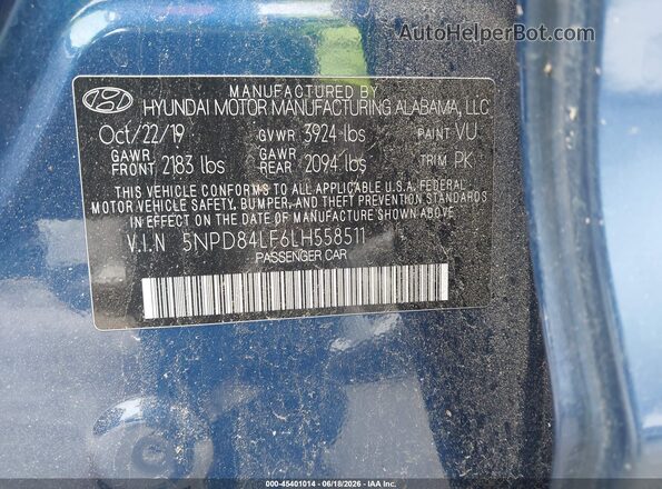 5NPD84LF6LH558511 2020 HYUNDAI ELANTRA Blue Շարժիչի բաժամունքի տեսք