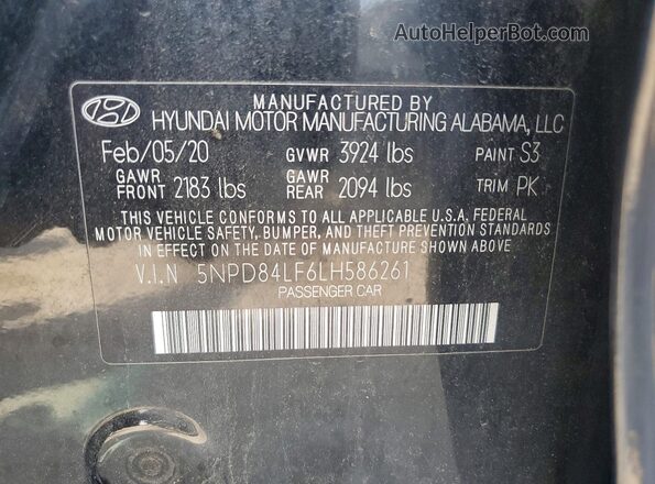 5NPD84LF6LH586261 2020 HYUNDAI ELANTRA Черный 