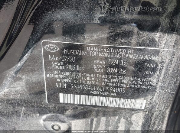 5NPD84LF6LH594005 2020 HYUNDAI ELANTRA Black ძრავის განყოფილების ხედი