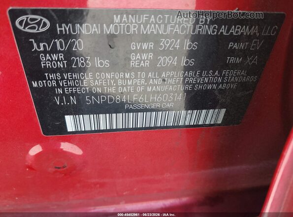 5NPD84LF6LH603141 2020 HYUNDAI ELANTRA Red Շարժիչի բաժամունքի տեսք