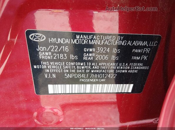 5NPD84LF7HH012422 2017 HYUNDAI ELANTRA Red Widok komory silnika
