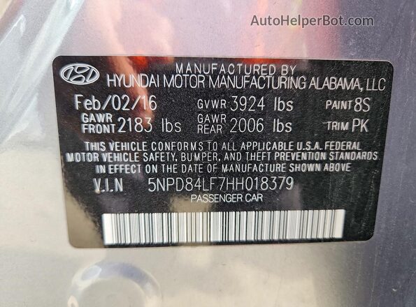 5NPD84LF7HH018379 2017 HYUNDAI ELANTRA Silver 