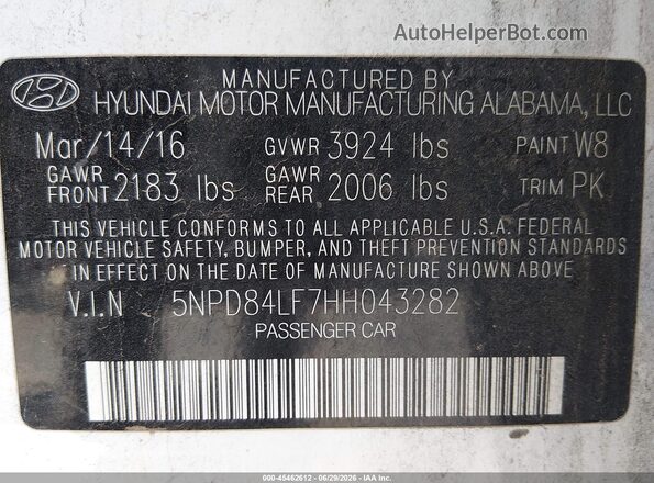 5NPD84LF7HH043282 2017 HYUNDAI ELANTRA White Vista del compartimento del motor