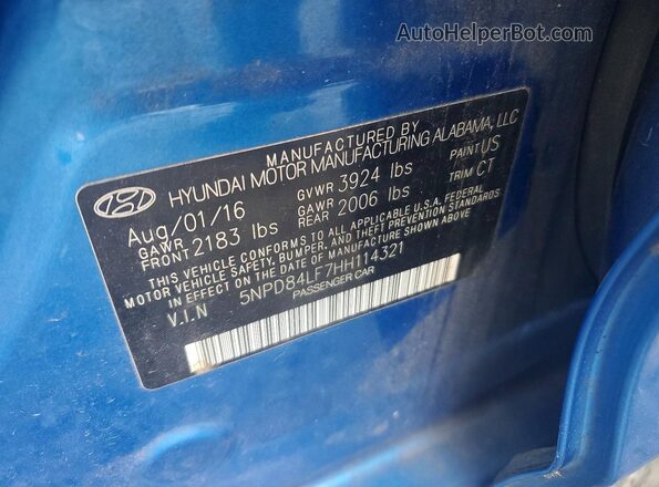 5NPD84LF7HH114321 2017 HYUNDAI ELANTRA Blue Widok komory silnika