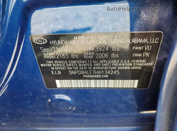 5NPD84LF7HH134245 2017 HYUNDAI ELANTRA Blue ძრავის განყოფილების ხედი