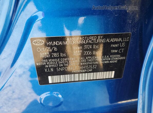 5NPD84LF7HH151532 2017 HYUNDAI ELANTRA Blue ძრავის განყოფილების ხედი