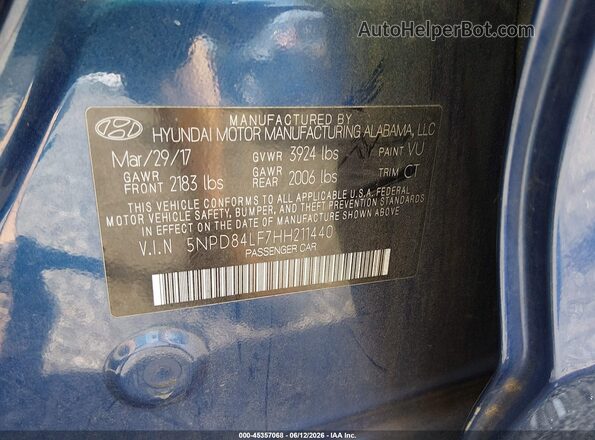 5NPD84LF7HH211440 2017 HYUNDAI ELANTRA Blue ძრავის განყოფილების ხედი