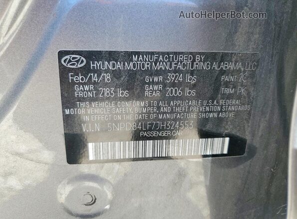 5NPD84LF7JH324553 2018 HYUNDAI ELANTRA Gray 