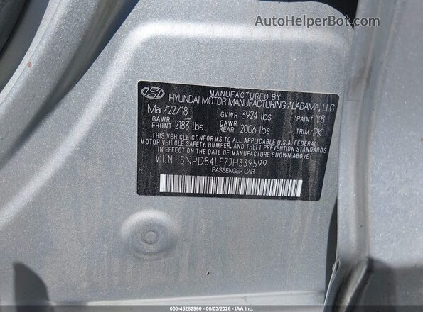 5NPD84LF7JH339599 2018 HYUNDAI ELANTRA Серебряный Вид подкапотного пространства