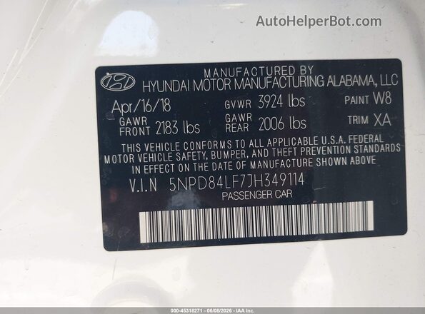 5NPD84LF7JH349114 2018 HYUNDAI ELANTRA White 