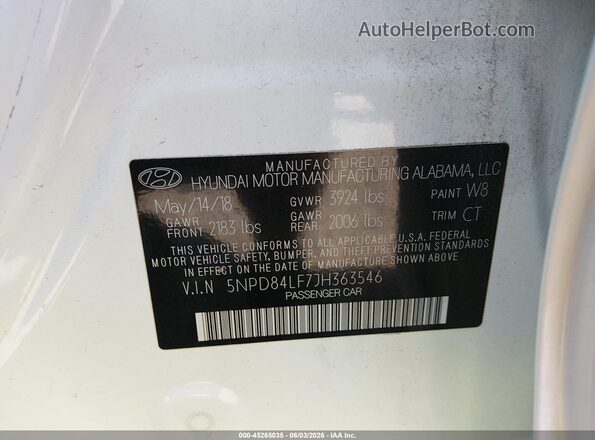 5NPD84LF7JH363546 2018 HYUNDAI ELANTRA White Շարժիչի բաժամունքի տեսք