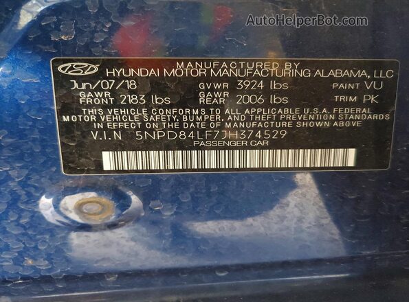 5NPD84LF7JH374529 2018 HYUNDAI ELANTRA Blue 