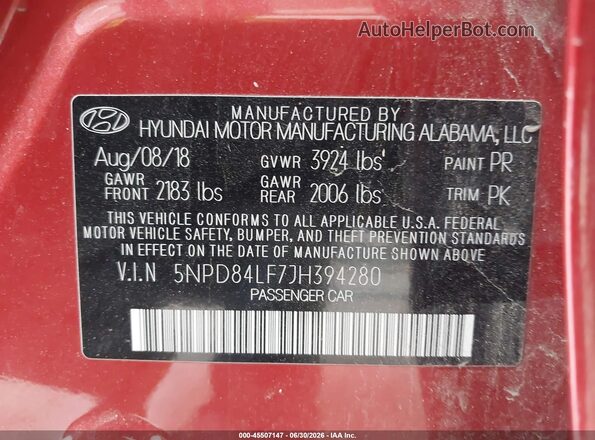 5NPD84LF7JH394280 2018 HYUNDAI ELANTRA Red ძრავის განყოფილების ხედი