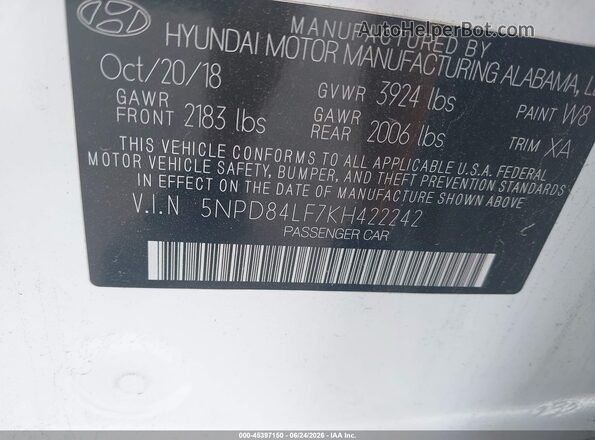 5NPD84LF7KH422242 2019 HYUNDAI ELANTRA White Vista del compartimento del motor