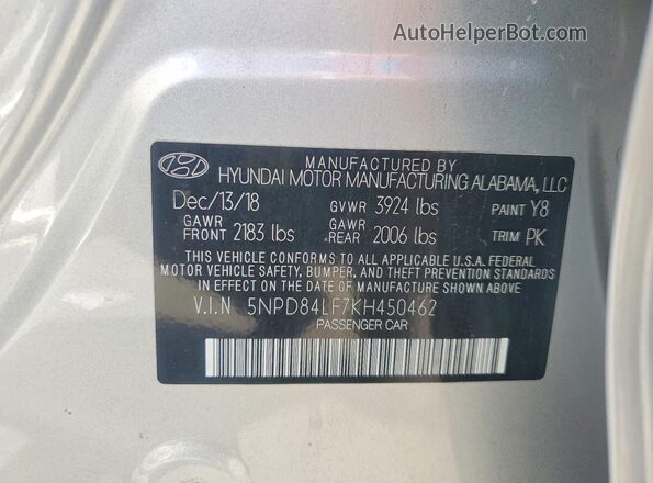 5NPD84LF7KH450462 2019 HYUNDAI ELANTRA Silver Vista del compartimento del motor