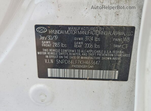 5NPD84LF7KH463647 2019 HYUNDAI ELANTRA White VIN կոդի պիտակի տեսք