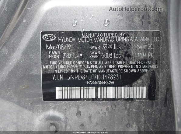 5NPD84LF7KH478231 2019 HYUNDAI ELANTRA Gray Вид підкапотного простору