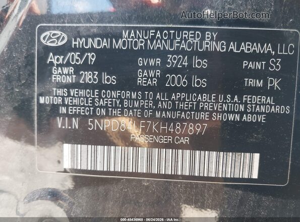 5NPD84LF7KH487897 2019 HYUNDAI ELANTRA Black ძრავის განყოფილების ხედი