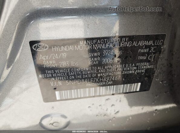 5NPD84LF7KH492467 2019 HYUNDAI ELANTRA Серый Вид подкапотного пространства