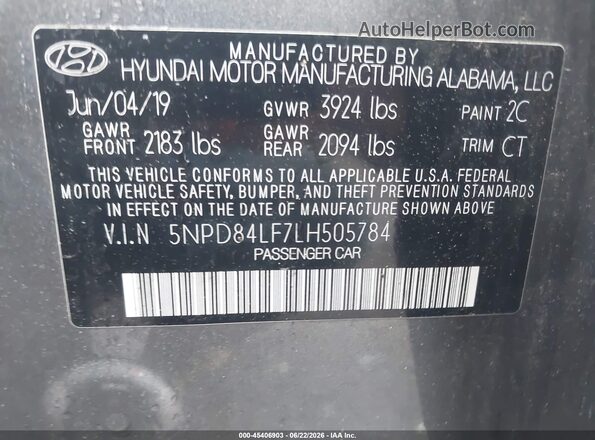 5NPD84LF7LH505784 2020 HYUNDAI ELANTRA Gray Vista del compartimento del motor